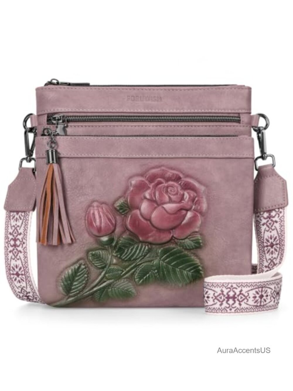 Vegan Leather Crossbody Bag Embossed Floral Multi-Pocket Purse